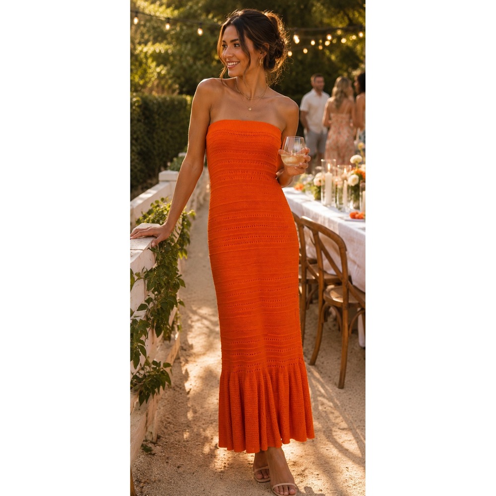 NWT Lulus Orange Strapless Pointelle Knit Ruffle Maxi Dress Size M
